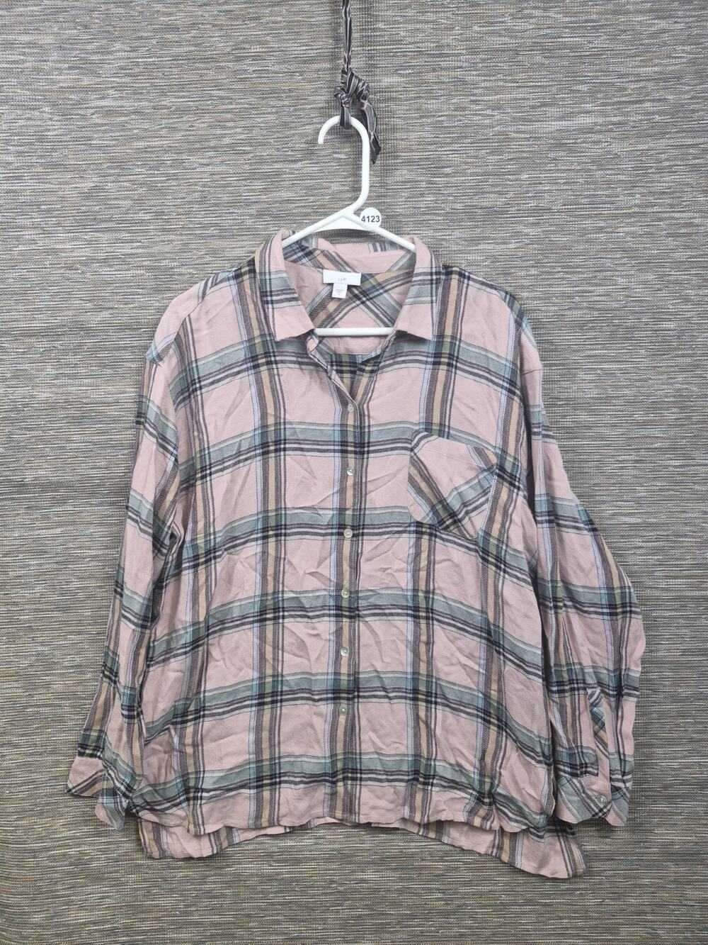J.Jill Button-Up Shirt Women Size M Gray/Pink Plaid Long Sleeve Flannel Collared